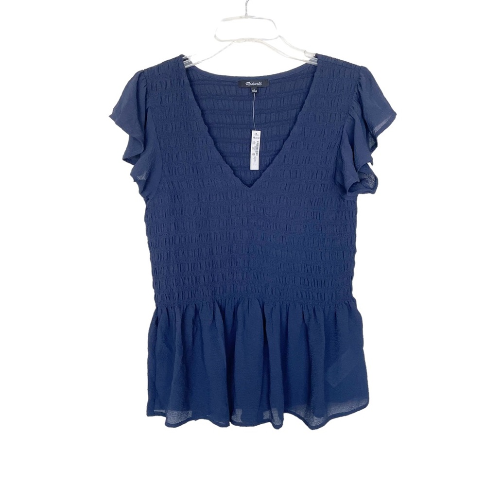Madewell V-Neck Flutter Sleeve Smocked Top Textured Chiffon